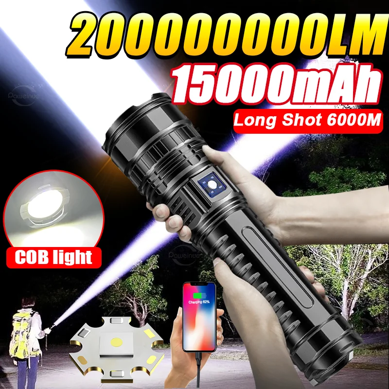 200000000LM Most Powerful LED Flashlight 1500W Rechargeable Flashlights Zoomable Tactical Torch Long Range 6000m Outdoor Lantern