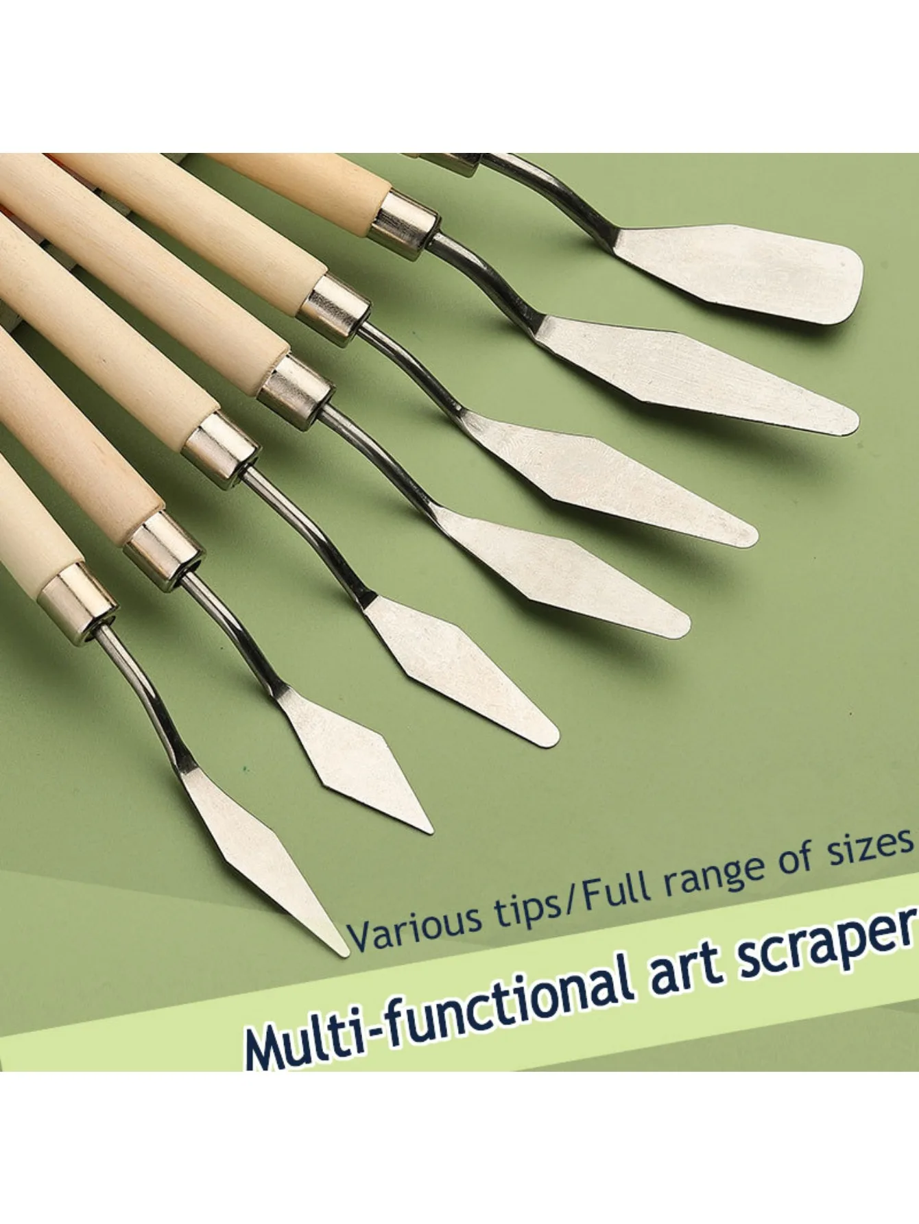 7 Pcs Art oil painting scraper wood flat bottom stainless steel knife oil painting gouache pigment pointed color palette shovel