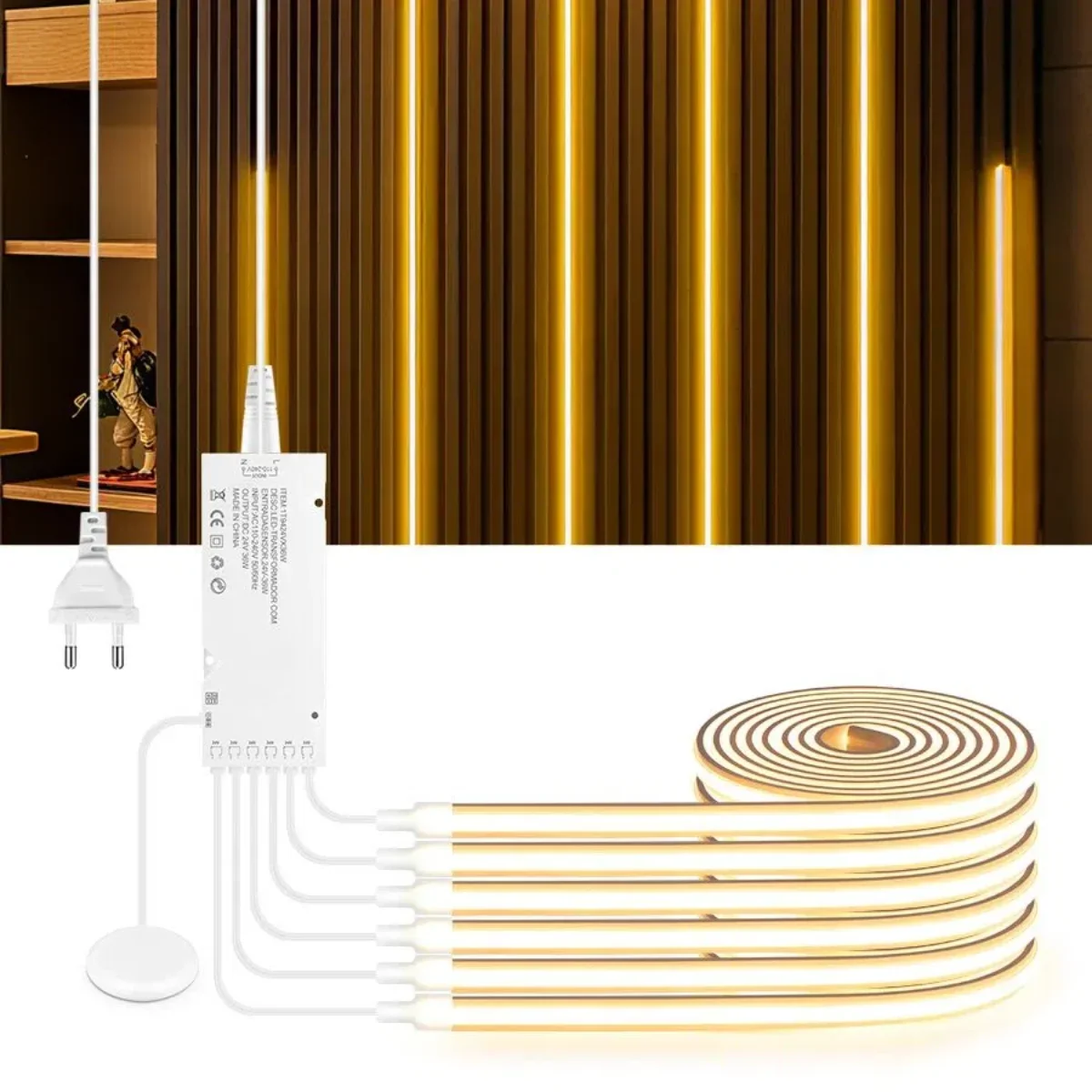 Self-Adhesive Solid Neon COB LED Light Strip Set With Touch Panel Switch For Embeded Acoustic Wall Grain Grille Background Decor