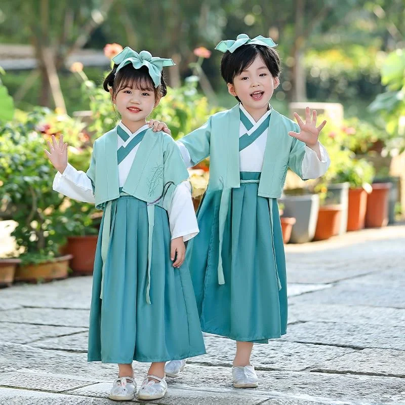 Dziecięce tradycyjne chińskie stroje, narodowe stroje edukacyjne, klasyczne Hanfu z motywem znaków, na ceremonię otwarcia szkoły, recital.