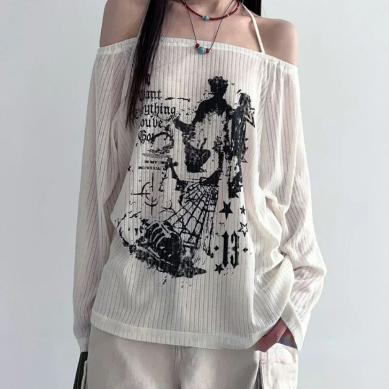 

Y2k Aesthetic Streetwear American Style T-shirts Slash Neck Sexy Off-shoulder Long Sleeve Loose Tees Letter Print Grunge Tops