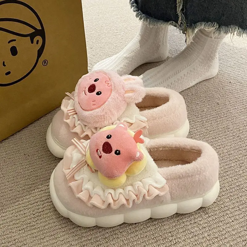 Women Slippers Cartoon Cute Cotton Slippers Thick Bottom Mute Home Warm Skin-friendly Plush Winter Fur Slippers Female Winter