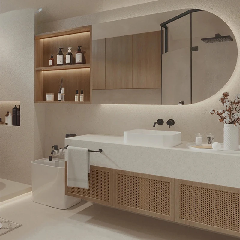 

Japanese-style rock slab bathroom cabinet combination hand and face pool basin floor-to-ceiling bathroom solid wood washstand