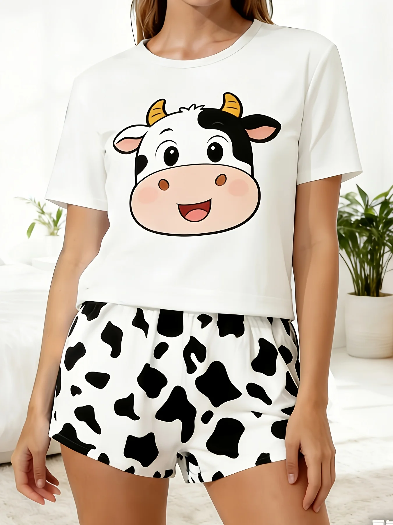 

Женский пижамный комплект с короткими рукавами и коровьим принтом