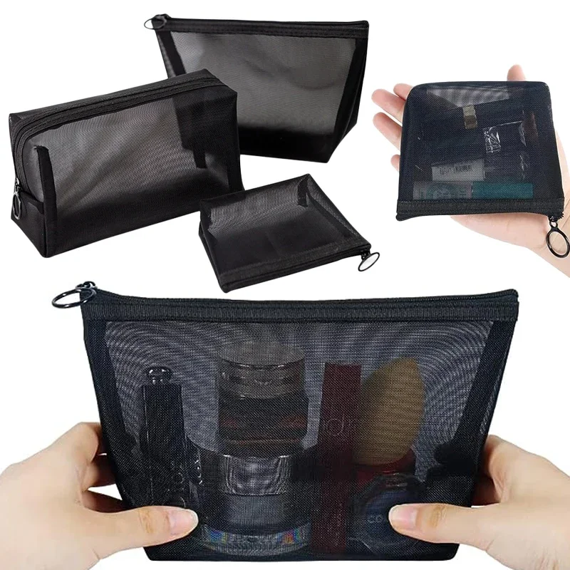 S/M/L Portable Mesh Transparent Cosmetic Bag Makeup Case Women Travel Zipper Make Up Organizer Wash Toiletry Beauty Storage Bag