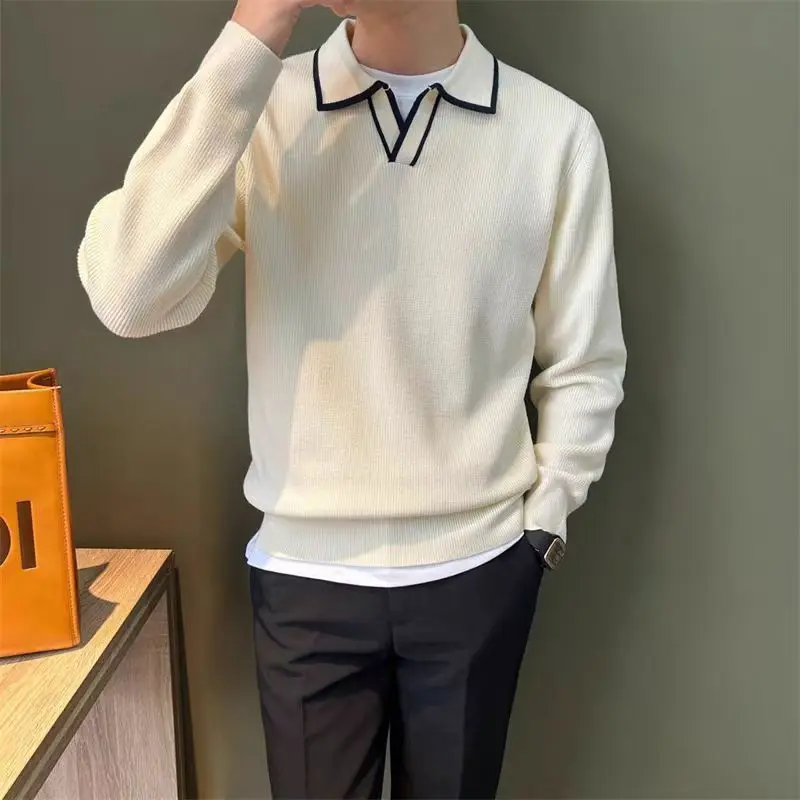 

Basic Turn-down Collar Pullovers Knitted Autumn Winter Casual Solid Color Men's Clothing Stylish Spliced Young Style Sweaters