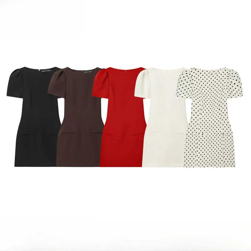 Spring Summer New Women's Fashioned Slimming Pleated Pocket Short Dress High Waist Bubble Sleeve Polyester Fiber City Commute