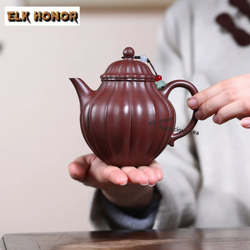 310ml Olive Pot Retro Yixing Purple Clay Teapots Retro Ribs Pot Raw Ore Clean Bottom Tank Kettle With Infuser Zisha Teaware Set