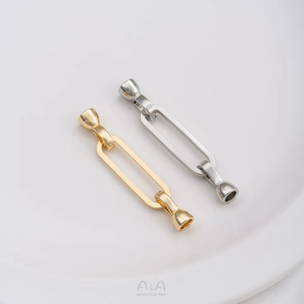 Klip Tembaga Warna Emas 14K Bentuk Oval Strip Sederhana Fashion Gesper Mutiara Buatan Tangan DIY Kalung Rantai Sweater Aksesoris Ujung Rantai