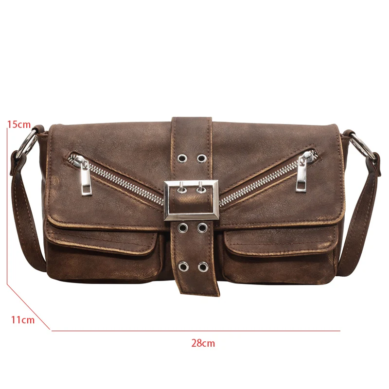 Vintage Leather Shoulder Bag For Women French Style Underarm Handbag Motorcycle Bag Satchel Female Designer Crossbody Bag Black