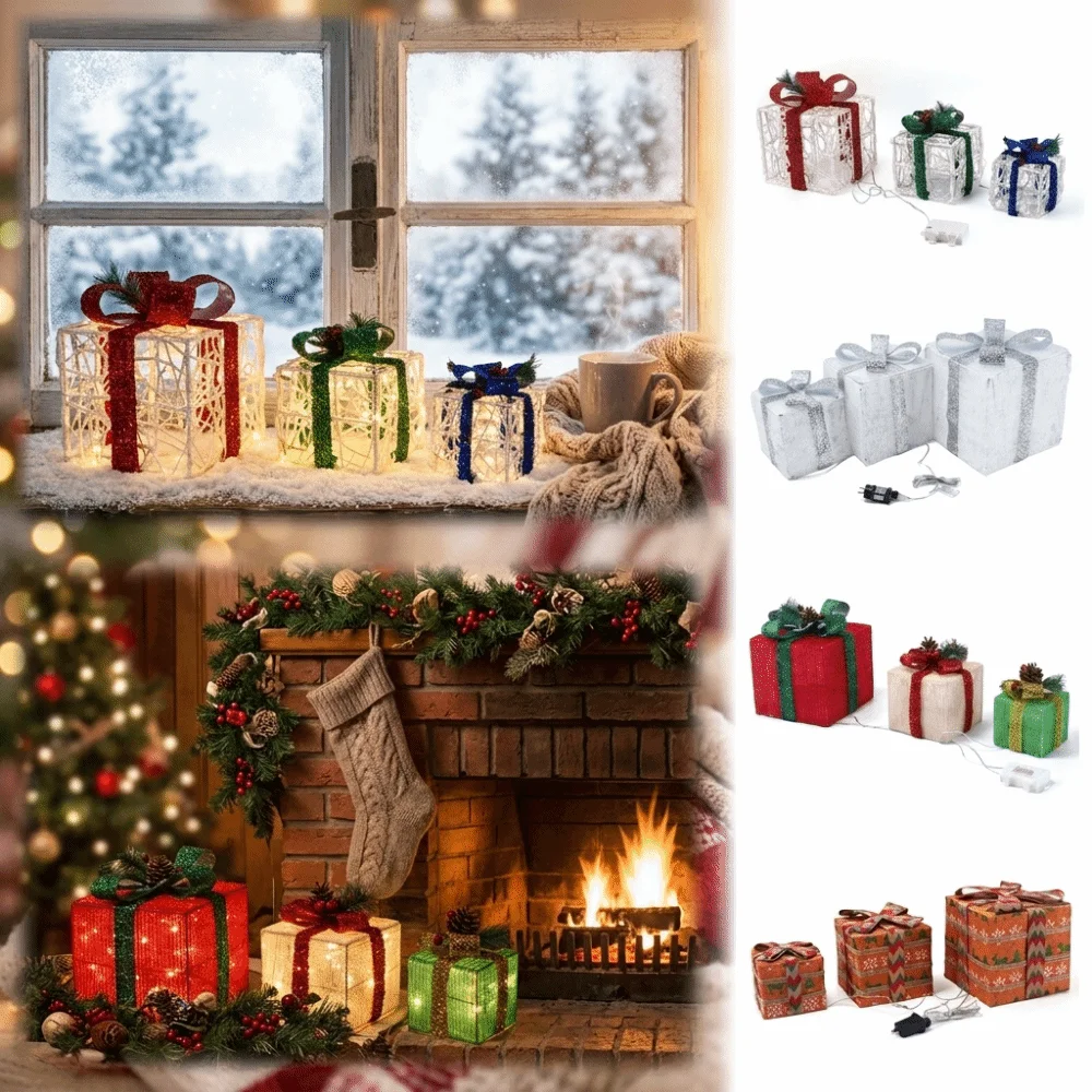 Set of 3 LED Lighted Christmas Gift Boxes Soft LED Lights Easy to Set Up Christmas Ornaments Glowing Effect Stackable Design
