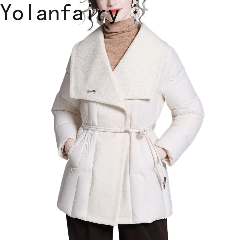 YOLANFAIRY Elegant 90% White Duck Down Jacket Women Winter Warm Mid-length Puffer Coats Cinched Waist Down Coat Abrigos De Mujer