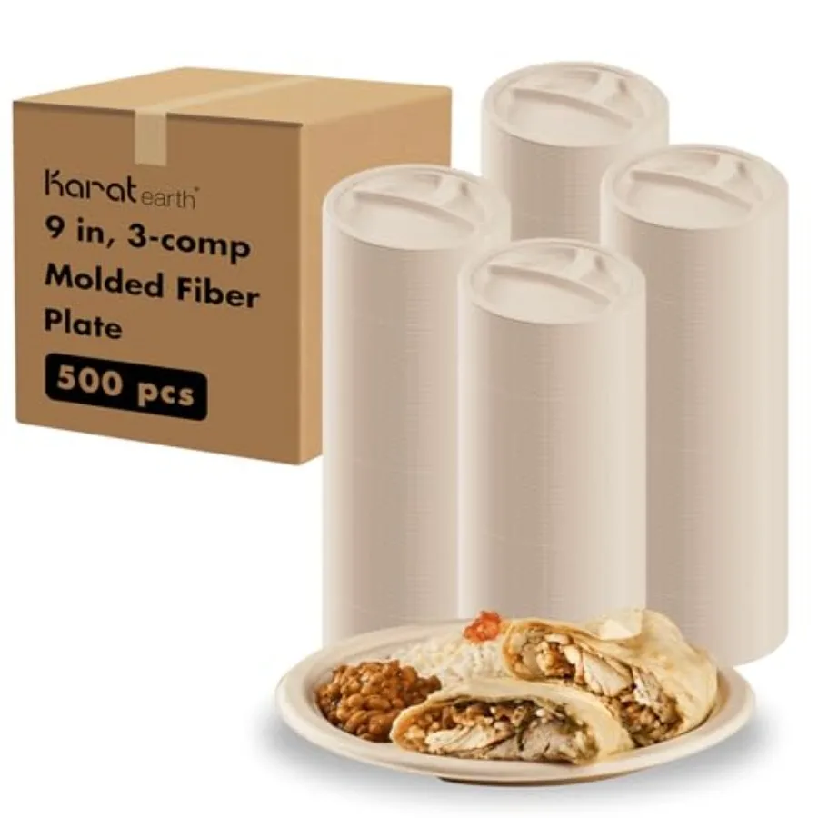 9-Inch Compostable Disposable Paper Plates 500 Pack 3 Compartment Heavy-Duty, Molded Fiber, Eco-Friendly Bulk Package
