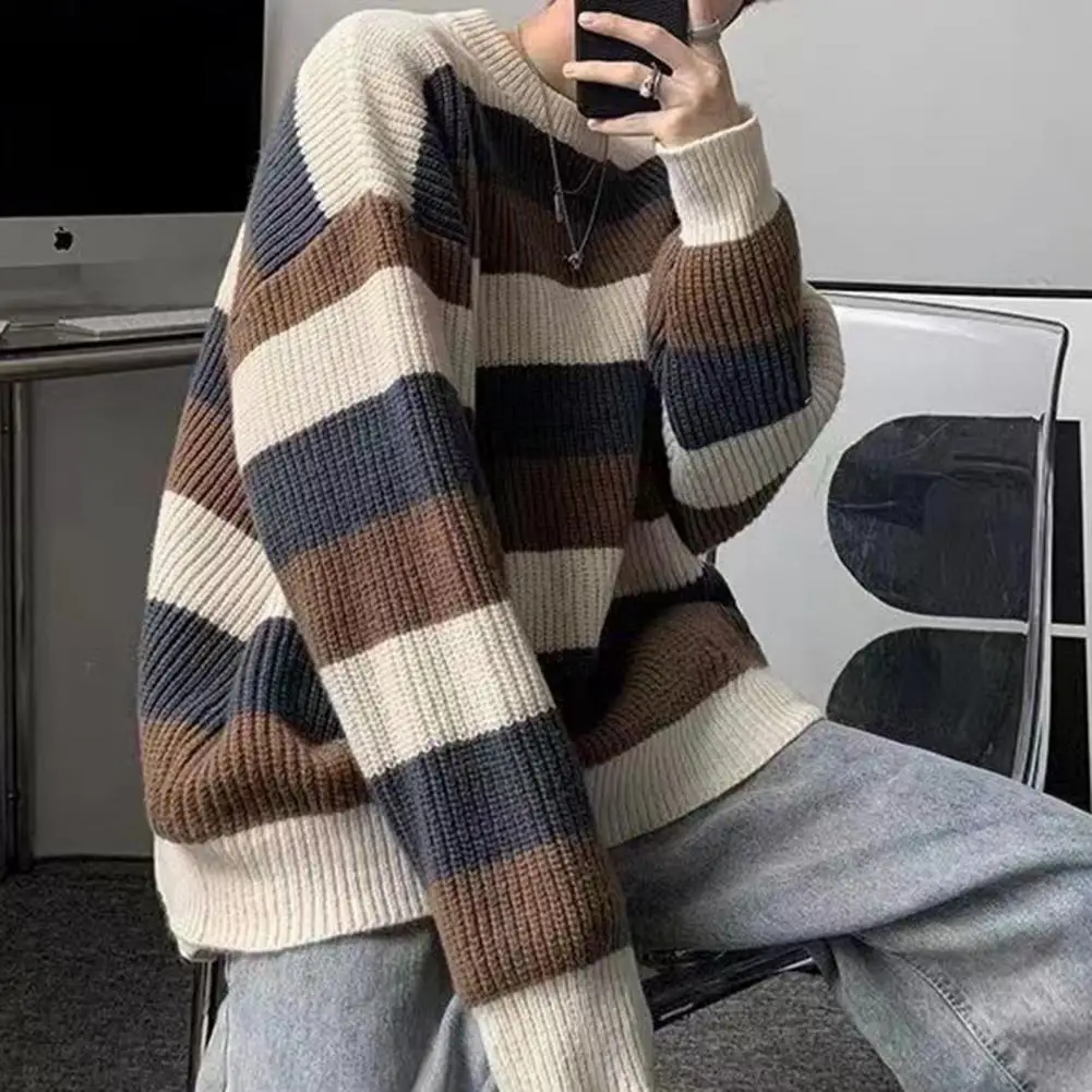 

Men Striped Sweater Round Neck Pullover Sweater Men's Striped Colorblock Knitted Sweater Thick Warm O Neck Pullover for Fall