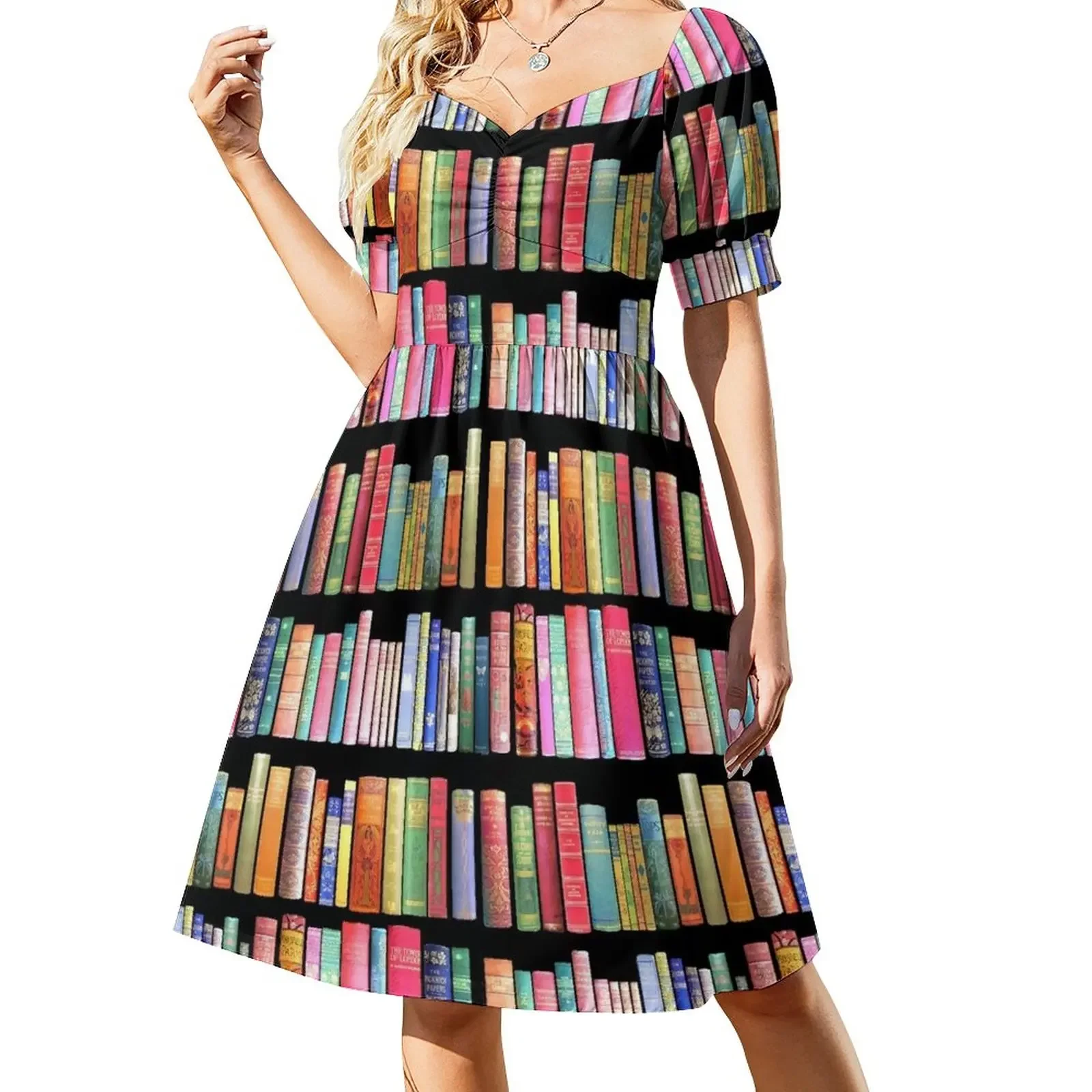 Bookworms Delight / Antique Book Library for Bibliophile Short-Sleeved Dress summer dress daily Women's dress