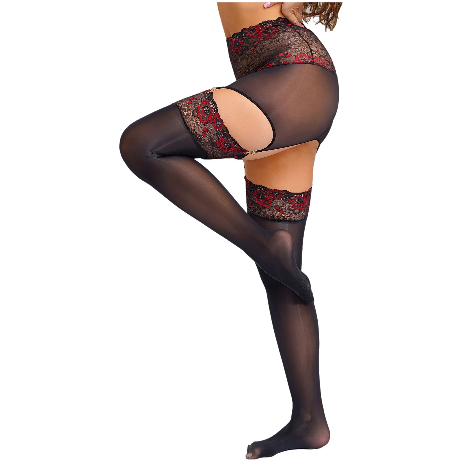 

Women Glossy Skirt Garters Suspender Stockings Sheer Floral Lace Trim High Waist Miniskirt Hollow Out Tights Pantyhose Clubwear