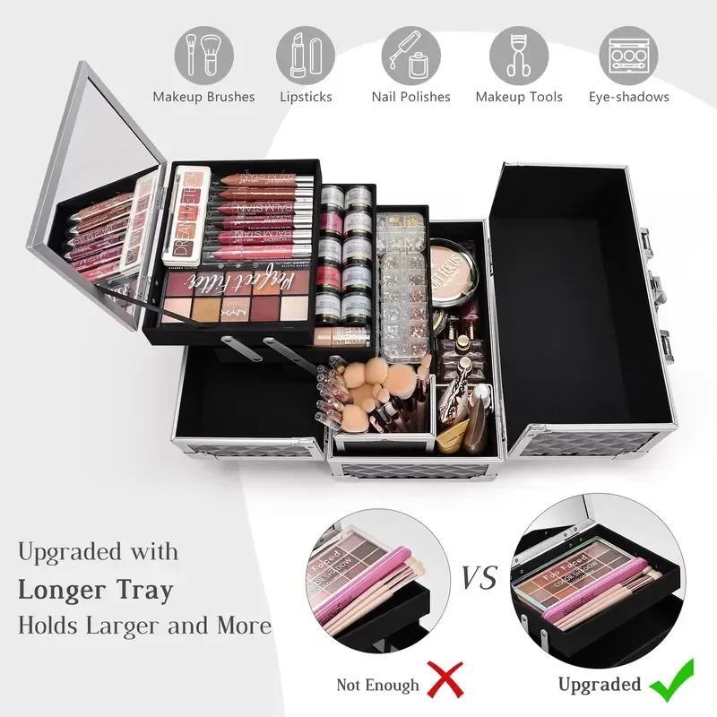 Large Capacity Makeup Organizer Box With Mirror And Brush Holder 3 Layer Portable Beauty Storage Case For Women Travel Home