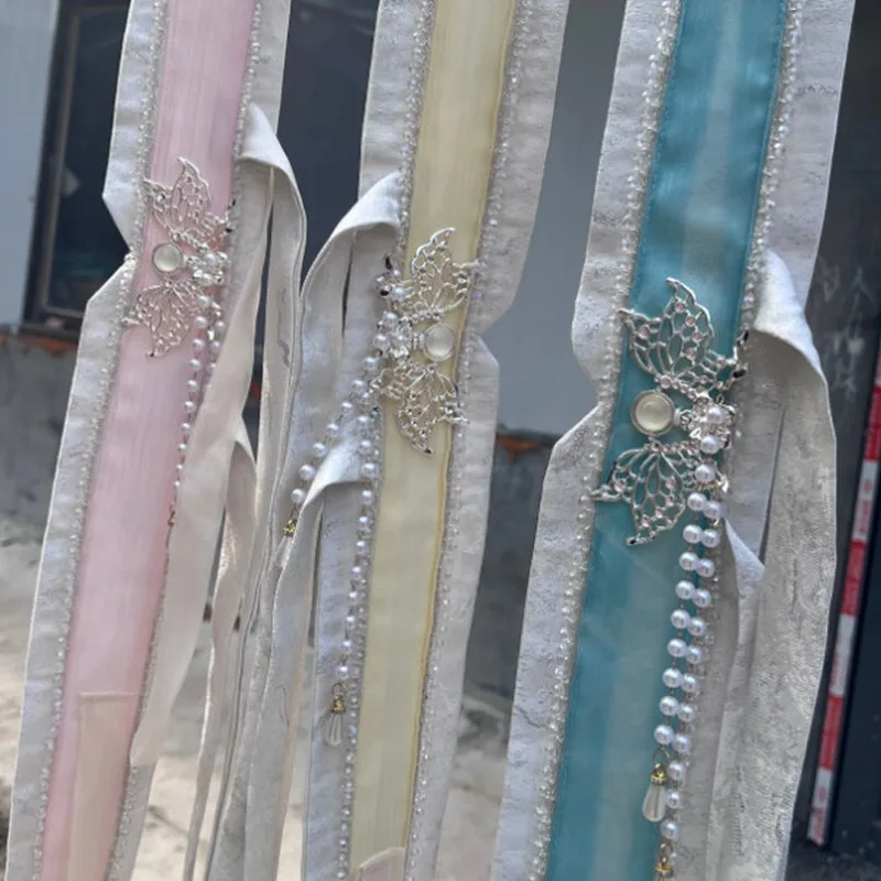 Vintage Waistband Chinese Traditional Clothing Cosplay Photo Prop Jacquard Waist Sash Butterfly Pearl Tassel Belt Hanfu Accessor