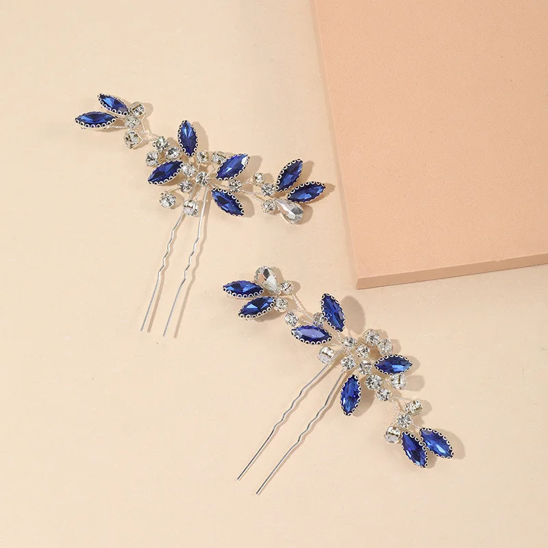 Blue Leaf Hairpin Wedding Hair Accessories For Women U-shaped Crystal Hair Clip Fork 2023 New Bride Hair Jewelry Marrige Tiaras