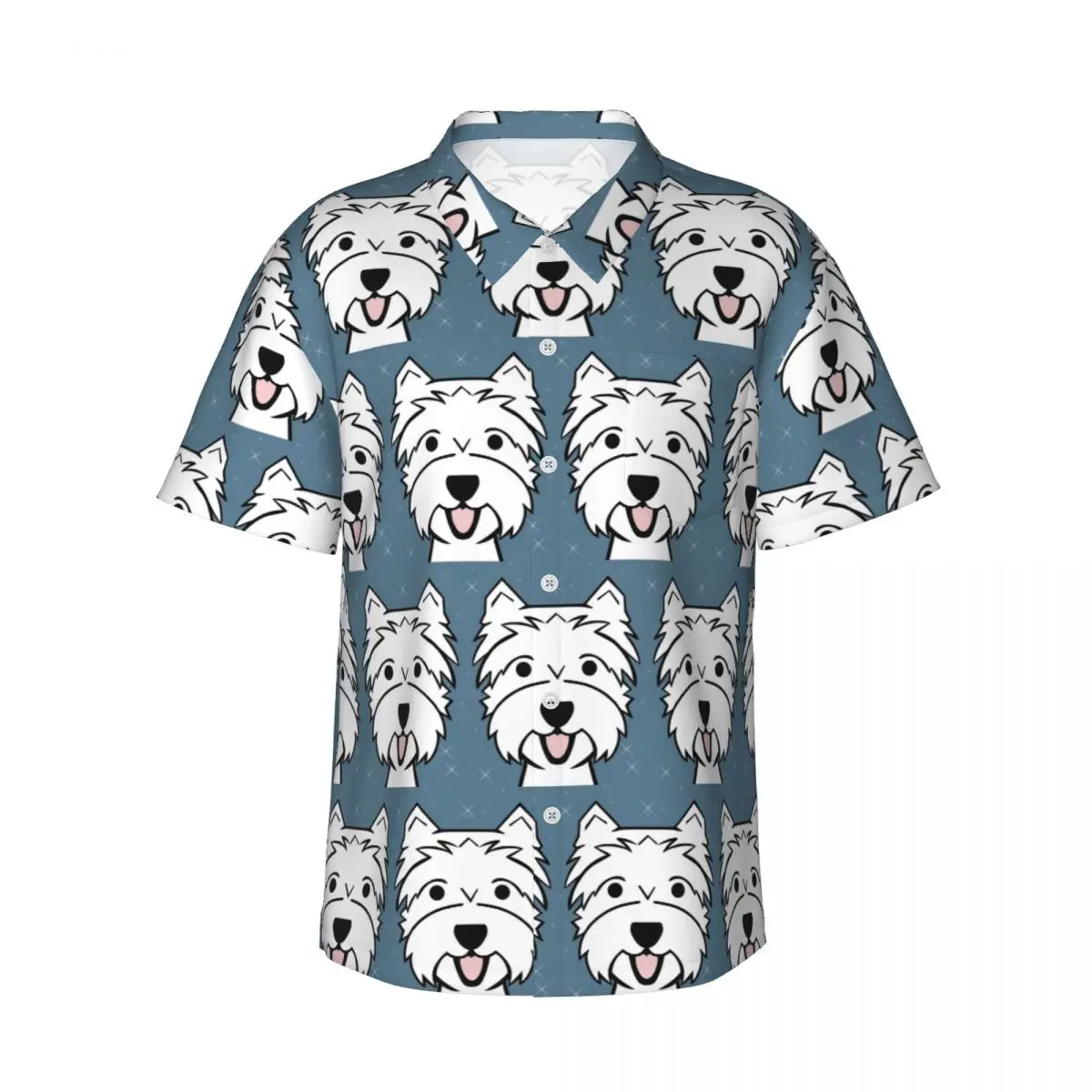 

West Highland Terrier - Westies-Westie Dogs - Blue Men's Shirts Hawaiian Short Sleeve Shirt Casual Button Tops for Summer Beach