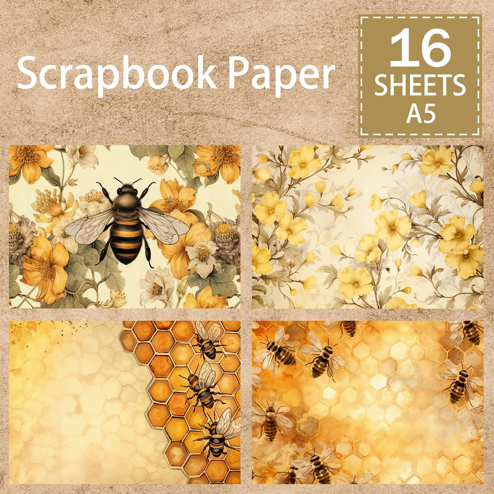 16 Sheets A5 Size Animal Insect Bee Hexagon Honeycomb Honey Background Vintage Grunge Journal Planning Scrapbooking