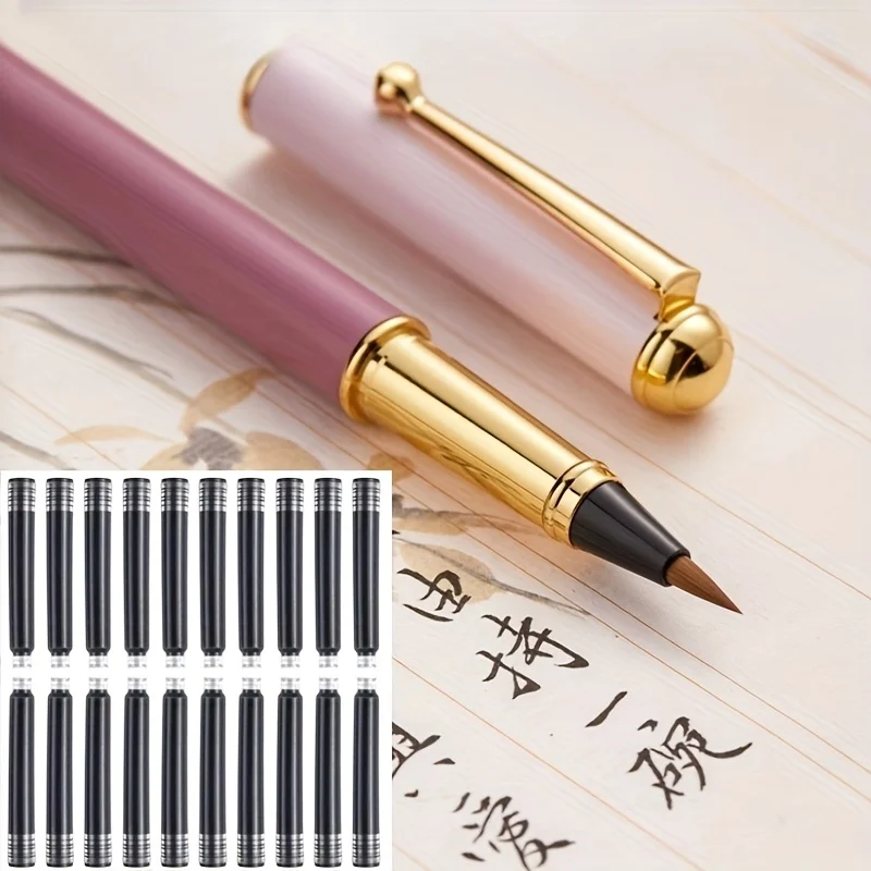 11-Piece Set (1 Pen and 10 Replacement Refills) Black Ink Fountain-Style Brush Pen with Replaceable Ink Cartridges for Copying Calligraphy, Featuring Elegant Wolf Hair Water-Based Brush, Easy to Use