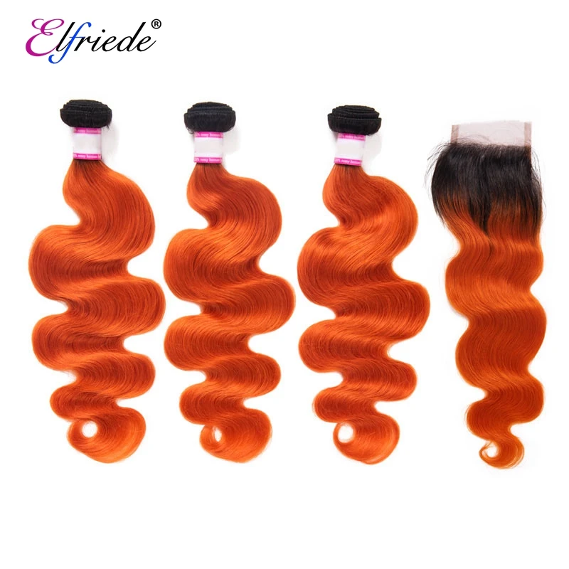 Elfriade-mechones de pelo ondulado con cierre, cabello humano, ombré, n. ° 1B, naranja, 3 mechones con cierre de encaje transparente, 4x4