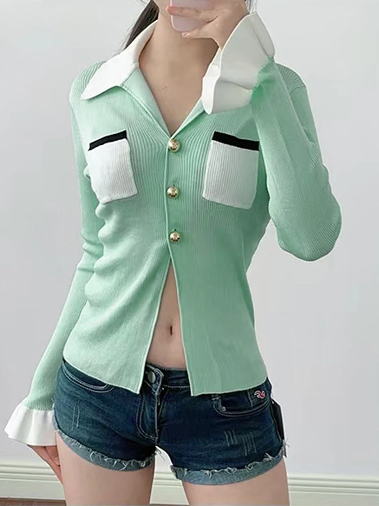 

Colorblocking knitted cardigan temperament elegant elastic Slim ruffled long-sleeved women's knitted sweater 2025 summer new
