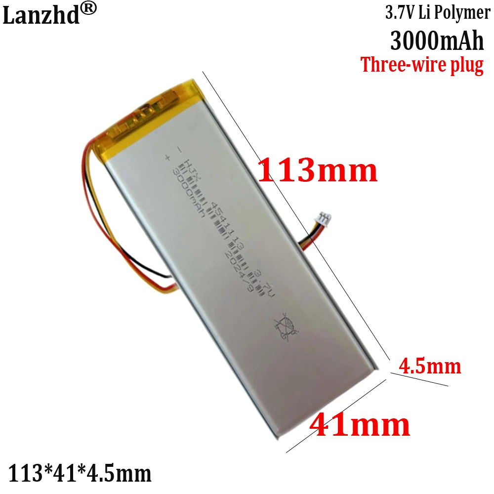 4541113 Polymer Lithium Battery 3.7V Slender Strip Battery for Wireless Keyboard, Large Capacity 3000mAh with Three-Wire Plug
