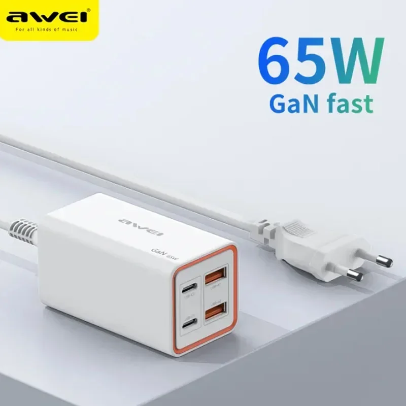 Awei PD24 GaN 65W Pengisi Daya Cepat Tipe C PD USB Pengisian Cepat QC 4.0 3.0 Pengisian Cepat untuk iPhone Huawei Adaptor Daya Steker AS
