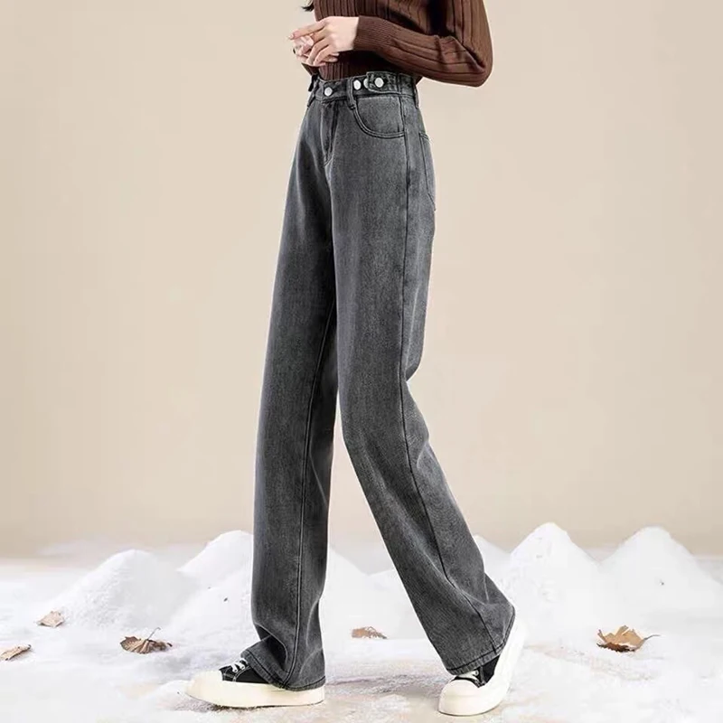 Women Winter Velvet Jeans Korean Fashion High Waist Denim Trousers All-Match Fleece Lined Stretch Wide Leg Pantalones Vintage