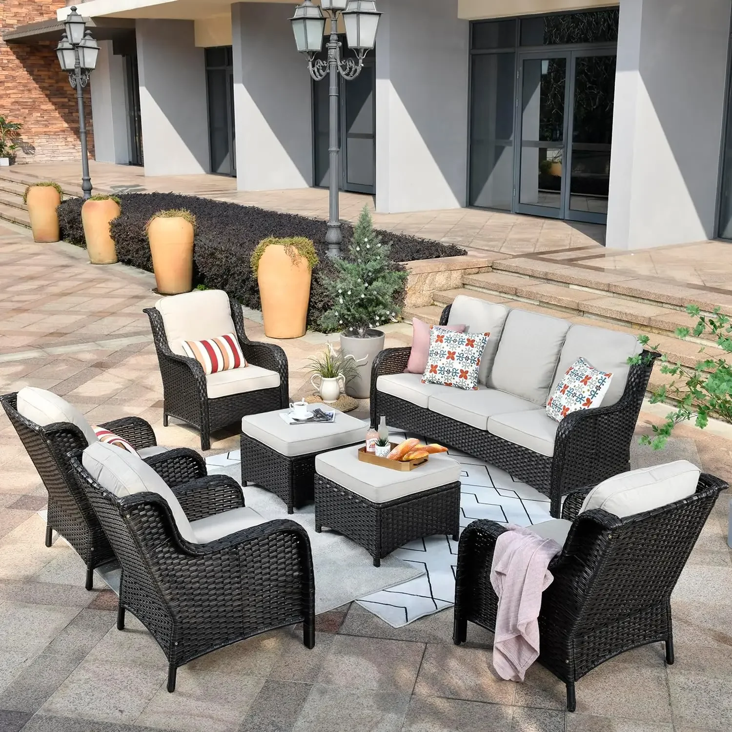 

Outdoor Furniture Patio Furniture Set 7 Pieces All Weather Wicker Patio Conversation with High Back Sofa Sectional Beige Cushion