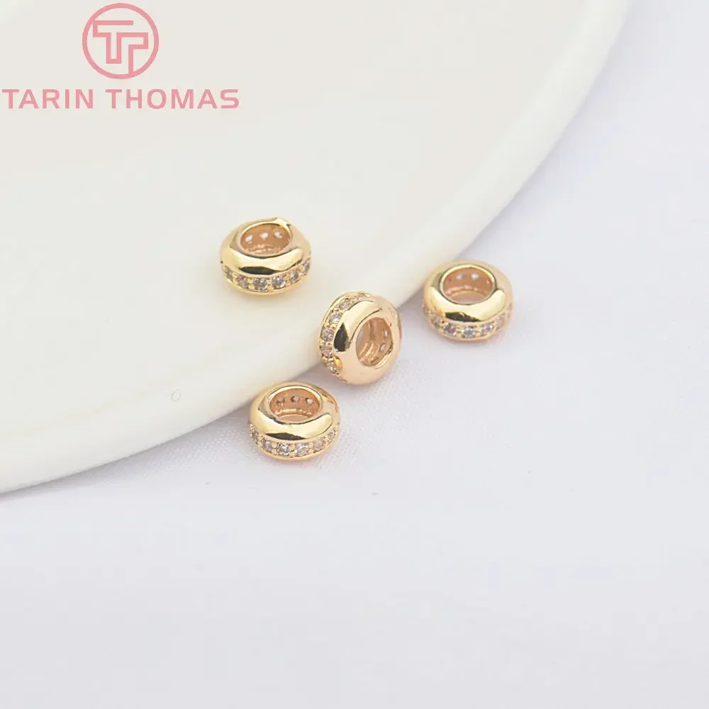 (4974)4PCS 6x3MM 24K Gold Color Brass with Zircon Bracelet Wheel Spacer Beads High Quality Diy Jewelry Accessories Wholesale