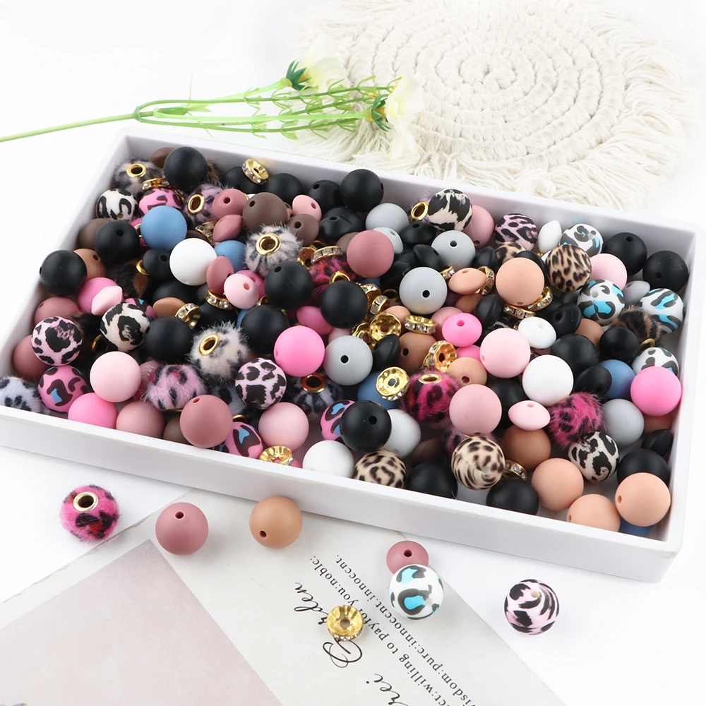 Sunrony 50pcs/Bag Plush Fur Covered Ball Leopard print Beads Round Lentil Beads Sets For Jewelry Making DIY Earrings Bracelet