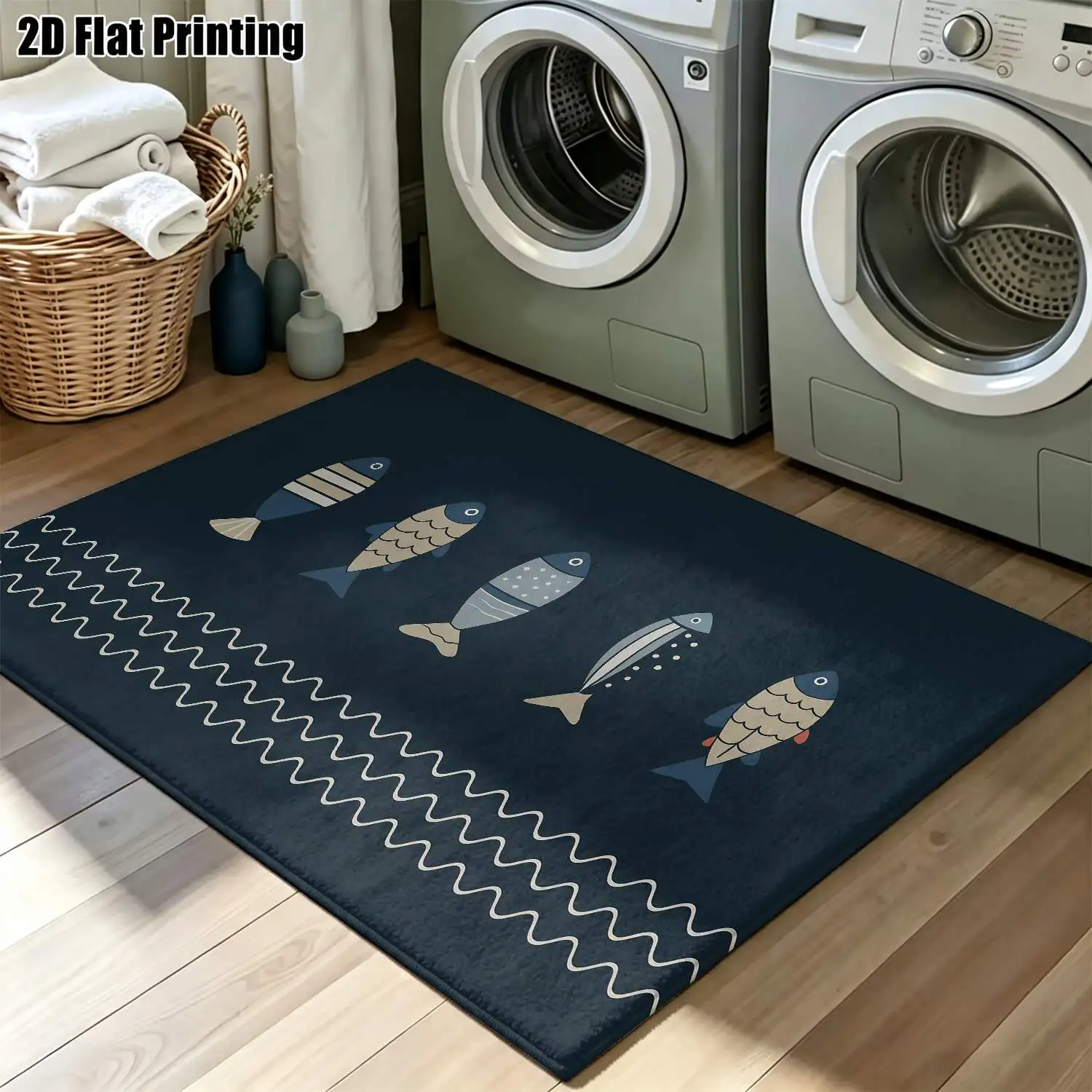 1Pc 2D Printed Dark Blue Geometric Fish Pattern Nordic Modern Minimalist Carpet, Suitable for Home Decor, Machine Washable, Multiple Sizes, for Entrance, Dining Room, Foyer, Bedroom, Living Room