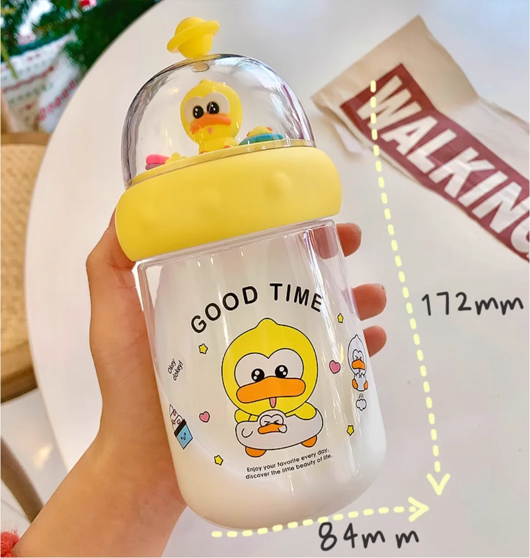 Cute Yellow Duck Portable Water Bottle – Kawaii Student Cup with Strap, Ins Style Cartoon Design for Girls & Kids,