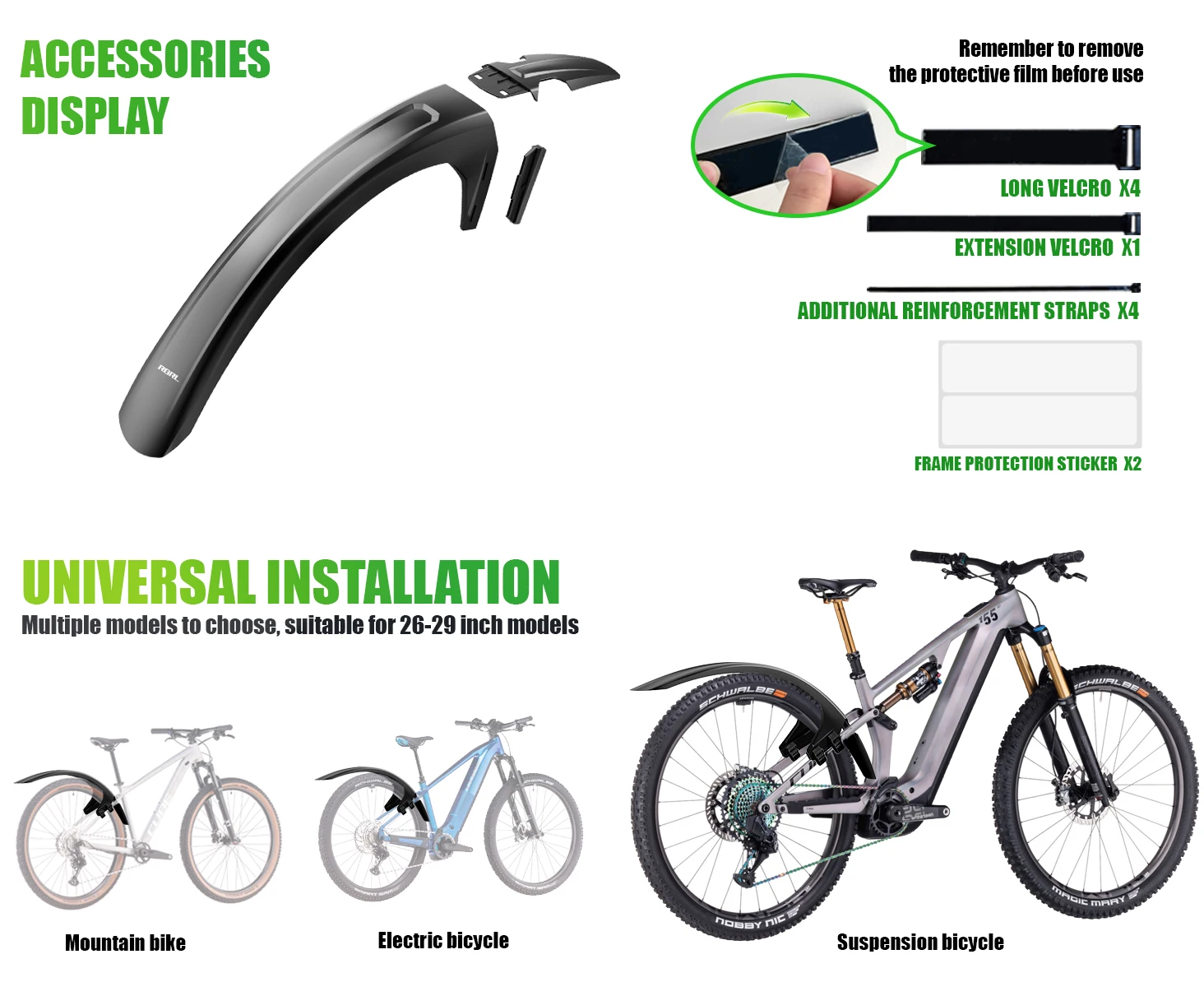 RBRL Fahrrad-Hinterradschutzblech für 27,5 28 29 Zoll MTB, erweitertes, breiteres, vollflächiges E-Bike-Schutzblech mit Schnellverschluss-Klettverschluss – Detail 3