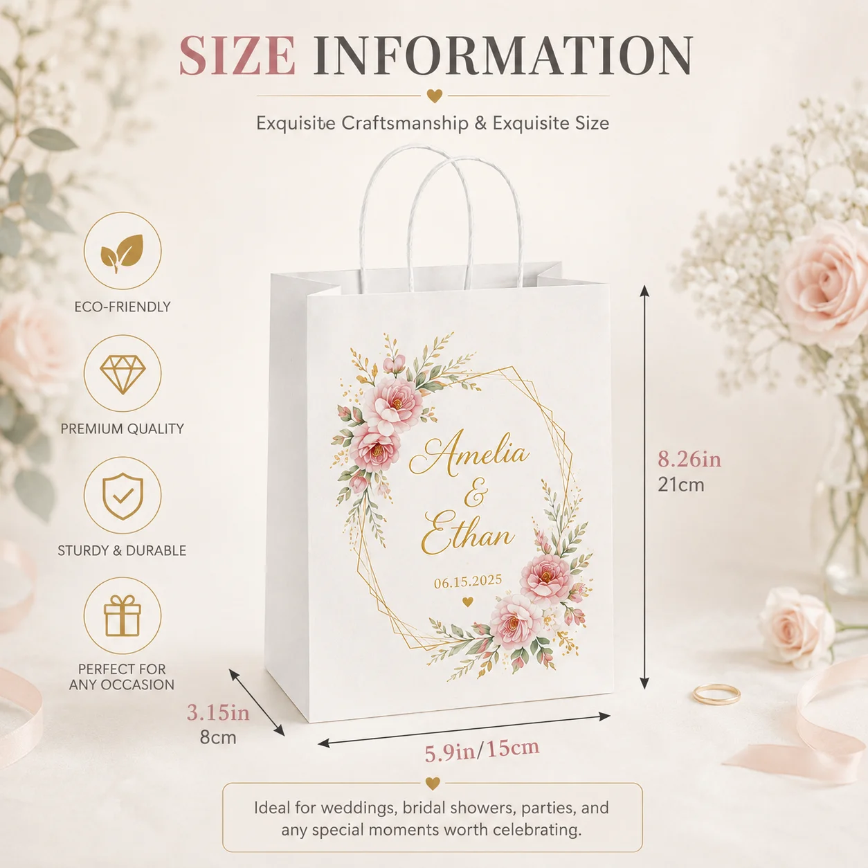 Custom White Kraft Paper Bag Personalized Paper Gift Bag 120g with Twisted Handle for Wedding Favor Holiday Party Gift Packaging
