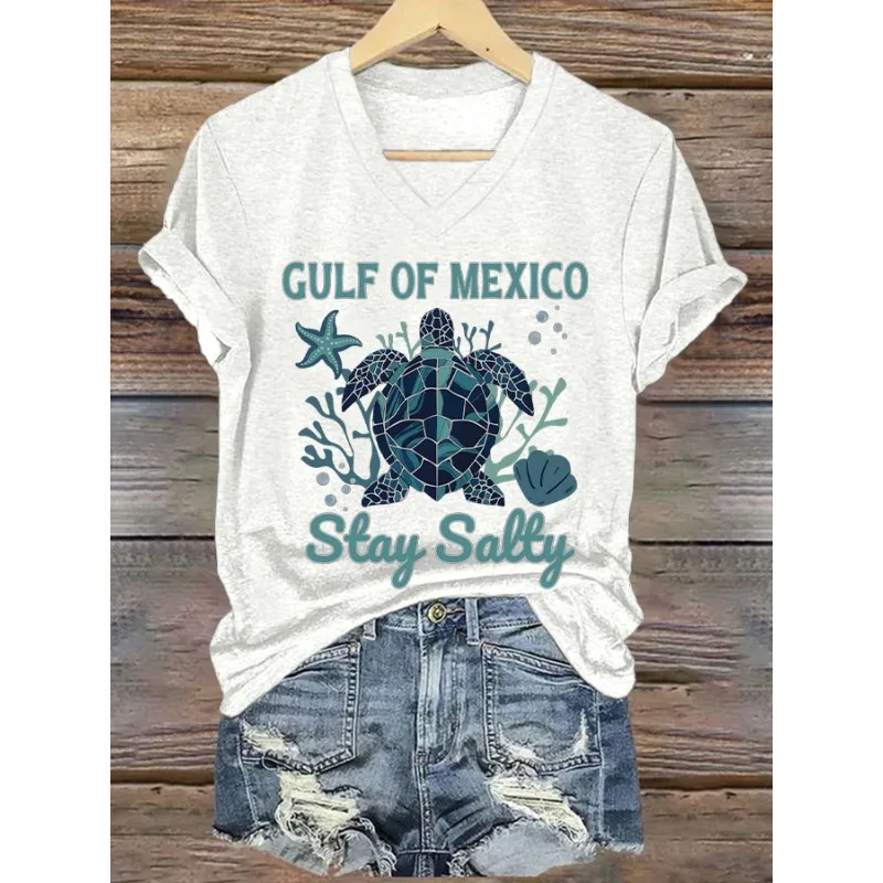 Women's Gulf of Mexico Print T-Shirts Summer Holiday Casual Short Sleeve V Neck Tops