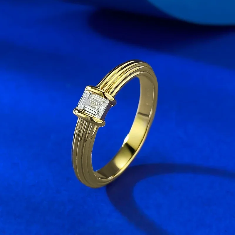 S925 banhado a prata ouro 3*4 anel retangular de diamante único para mulheres, anel feminino estrelado simples e bonito