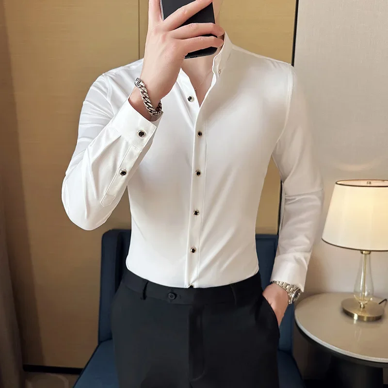 Men Long Sleeve Shirt 2024 Spring White Solid Casual Shirt Anti-wrinkle Soft рубашка Formal Elasticity Slim Fit Camisa Masculina