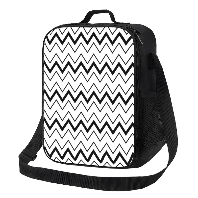 Black And White Chevron Zig Zag Pattern Insulated Lunch Bag Picnic Modern Geometric Zigzag Thermal Cooler Lunch Box Children