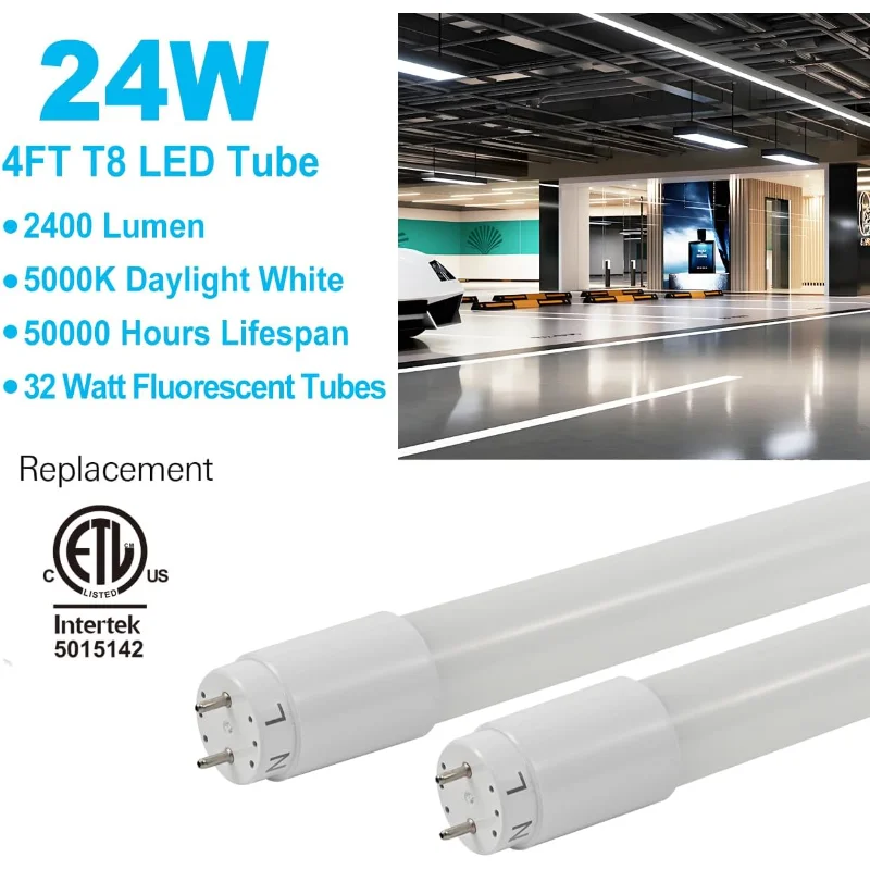 20er-Pack 4FT LED T8 Typ A+B-Röhrenlichter, 24 W, 5000 K, einzelnes oder doppeltes Ende, Stecker-and-Play- oder Vorschaltgerät-Bypass, 4 Fuß T10 T12