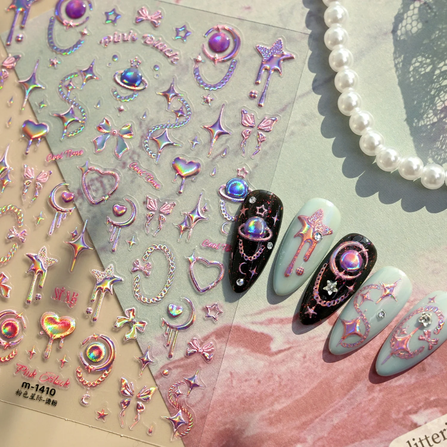 5D Holographische Stern-Mond-Planeten-Ketten-Nagelaufkleber Y2K-Stil Herz Geprägte Selbstklebende Nagelkunst Maniküre Dekoration Aufkleber