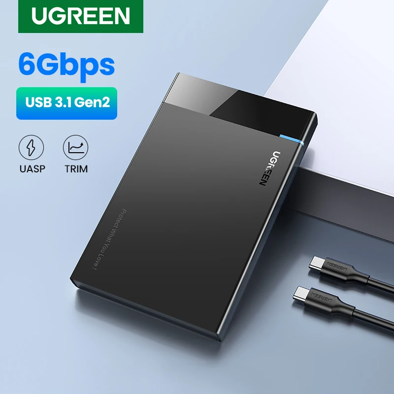 

Чехол UGREEN для жесткого диска 2,5 дюйма, корпус для жесткого диска USB Type C SATA 5 Гбит/с для SSD HDD 9,5 7 мм, чехол для внешнего жесткого диска с поддержкой UASP