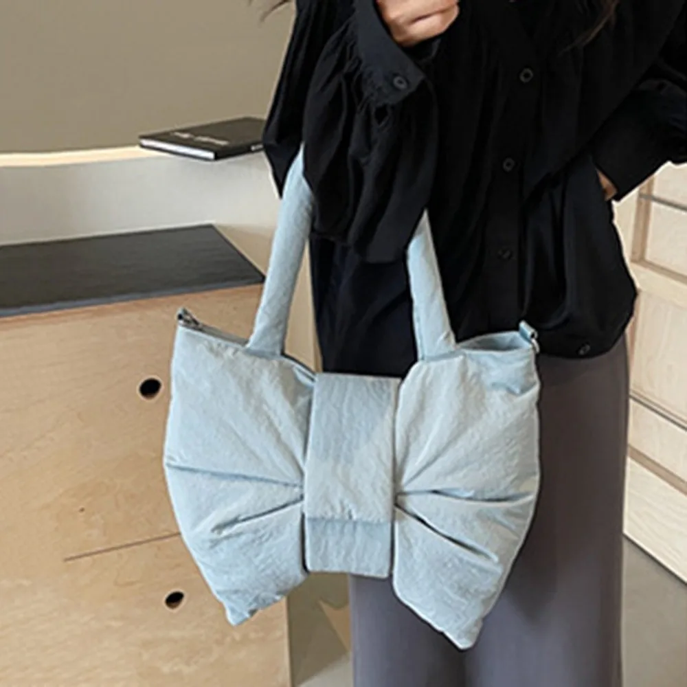 

Korean Style Ruched Bowknot Shoulder Bag Large Capacity Cotton Padded Nylon Quilted Tote Bag Soft Stylish Crossbody Bags