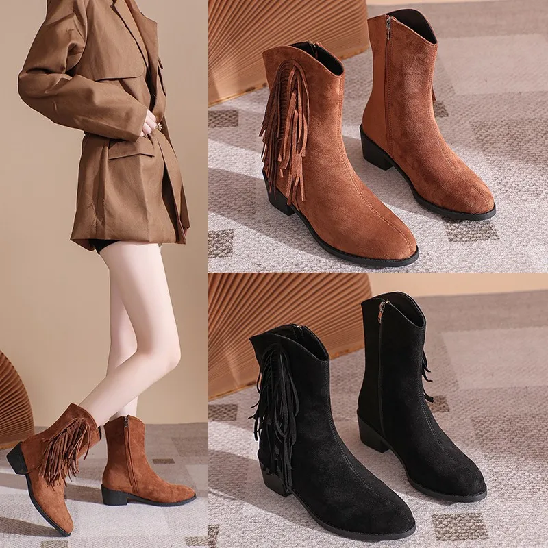 Botas occidentales con borlas para Mujer, Zapatos informales a la moda para exteriores, otoño e invierno, 2024