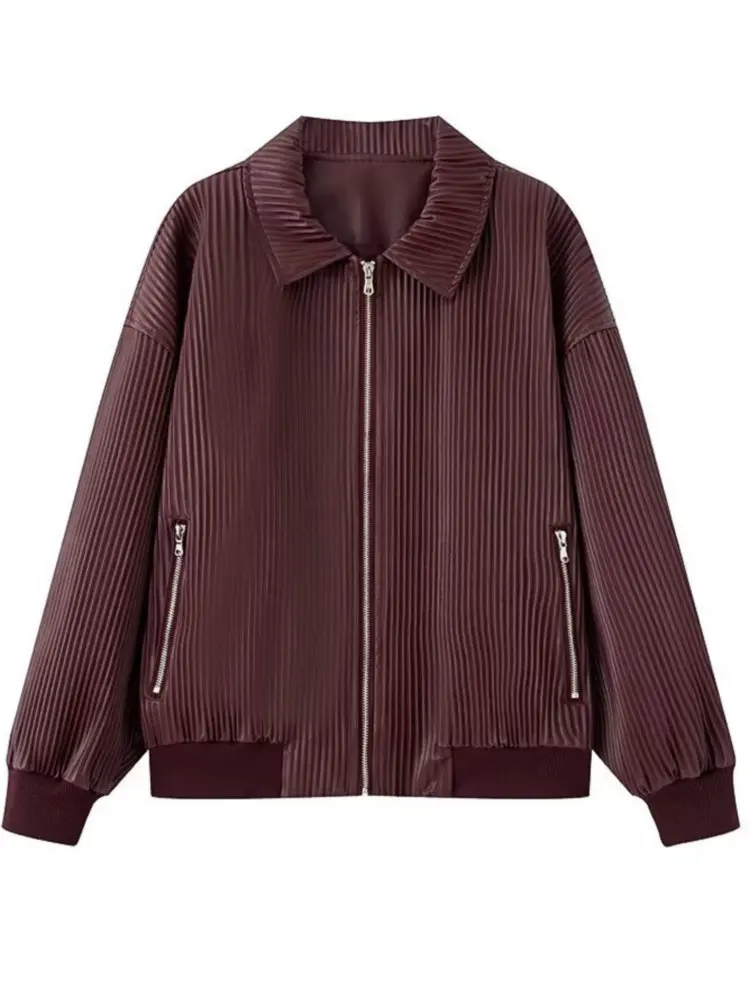 2027 Autumn Women's Vintage Pleated Faux Leather Oversized BF Jackets Lady Elegant Loose Wine Red PU Zipper Street Cropped Coats