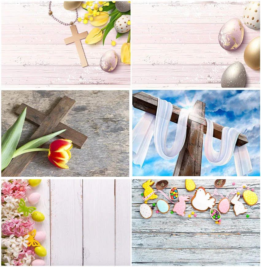 Easter Golden Silvery Eggs Cross Sunshine Blue Sky Bunny Image Backdrops Photography Wooden Boards Backgrounds Photocall Banner