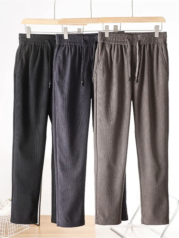 

Comfortable Corduroy Men's Casual Pants Dstring Elastic Waist Faionable Autumn Long Trousers Straight Leg Polyester Fiber